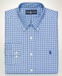 Round out your wardrobe of dress shirts with this crisp navy check from Polo Ralph Lauren. Round out your wardrobe of dress shirts with this crisp navy check from Polo Ralph Lauren.