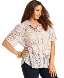 The classic button-front shirt gets a softer look: INC's plus size lace version features ruched sleeves for an extra dose of charm! The classic button-front shirt gets a softer look: INC's plus size lace version features ruched sleeves for an extra dose of charm!