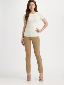 A smooth stretch style with seamed details. Button closure Zip fly Belt loops Wide band hem Inseam, about 32 50% nylon/46% viscose/4% elastane Dry clean Imported A smooth stretch style with seamed details. Button closure Zip fly Belt loops Wide band hem Inseam, about 32 50% nylon/46% viscose/4% elastane Dry clean Imported