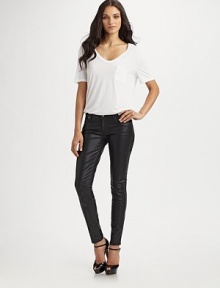 Super stretch denim has a coated finished for leather-like chic, slim and sexy in a fitted silhouette.THE FITSkinny fit Rise, about 8 Inseam, about 30THE DETAILSZip fly Five-pocket style Plain back patch pockets 55% cotton/38% polyester/7 spandex Dry clean Made in USA of imported fabric Model shown is 5'10½ (179cm) wearing US size 4. Super stretch denim has a coated finished for leather-like chic, slim and sexy in a fitted silhouette.THE FITSkinny fit Rise, about 8 Inseam, about 30THE DETAILSZip fly Five-pocket style Plain back patch pockets 55% cotton/38% polyester/7 spandex Dry clean Made in USA of imported fabric Model shown is 5'10½ (179cm) wearing US size 4.