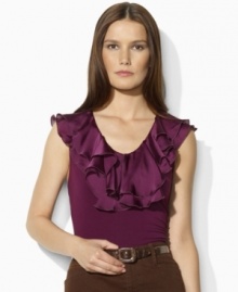 Two layers of sultry ruffles lend feminine appeal to Lauren by Ralph Lauren's sleek jersey sleeveless top. Two layers of sultry ruffles lend feminine appeal to Lauren by Ralph Lauren's sleek jersey sleeveless top.