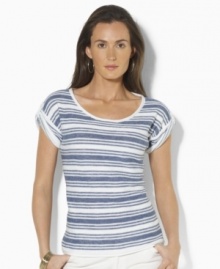 Utilitarian-inspired buttons at the shoulders and a soft knit construction make this Lauren by Ralph Lauren top a wardrobe essential. Utilitarian-inspired buttons at the shoulders and a soft knit construction make this Lauren by Ralph Lauren top a wardrobe essential.