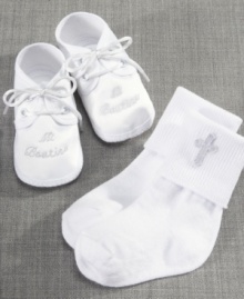 From head to toe. Dress his feet in something special for that memorable day with these satin Mi Bautizo shoes and socks from Lauren Madison. From head to toe. Dress his feet in something special for that memorable day with these satin Mi Bautizo shoes and socks from Lauren Madison.