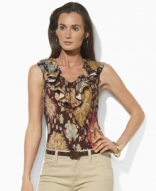 Rendered in light-as-air tissue cotton, Lauren by Ralph Lauren's sleeveless top exudes rustic beauty with an earthy medallion pattern and chic ruffles at the neckline Rendered in light-as-air tissue cotton, Lauren by Ralph Lauren's sleeveless top exudes rustic beauty with an earthy medallion pattern and chic ruffles at the neckline