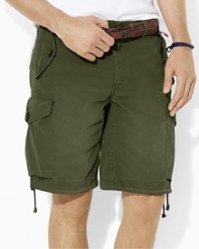 Heavily washed for a worn-in look and feel, a relaxed-fitting cargo short is crafted in lightweight cotton poplin with plenty of utility details.