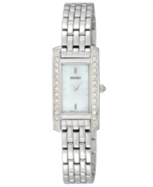 Sophisticated details, like a mother-of-pearl dial and crystal-accented bezel, create a truly stunning effect with this Seiko timepiece. Sophisticated details, like a mother-of-pearl dial and crystal-accented bezel, create a truly stunning effect with this Seiko timepiece.