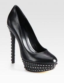 Not-so-basic leather pump with edgy metal studs on a sky-high heel and platform. Self-covered heel with metal studs, 5½ (140mm)Leather platform with metal studs, 1¼ (30mm)Compares to a 4¼ heel (110mm)Leather upperLeather lining and solePadded insoleImported Not-so-basic leather pump with edgy metal studs on a sky-high heel and platform. Self-covered heel with metal studs, 5½ (140mm)Leather platform with metal studs, 1¼ (30mm)Compares to a 4¼ heel (110mm)Leather upperLeather lining and solePadded insoleImported