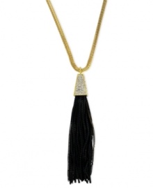 A brush with greatness. Vince Camuto's necklace, crafted from gold-tone mixed metal, features a black tassel pendant made with chains and glass crystal accents. Approximate length: 30 inches. Approximate drop: 5 inches.