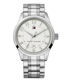 The name says it all: Essential, by Tommy Hilfiger. Silvertone mixed metal bracelet and round case. Textured silver dial features silvertone numerals and hands, flag logo and date window at six o'clock. Quartz movement. Water resistant to 30 meters. Ten-year limited warranty. The name says it all: Essential, by Tommy Hilfiger. Silvertone mixed metal bracelet and round case. Textured silver dial features silvertone numerals and hands, flag logo and date window at six o'clock. Quartz movement. Water resistant to 30 meters. Ten-year limited warranty.