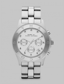 This sleek chronograph boasts crystal markers and a signature bezel. Quartz movementWater resistant to 5 ATMStainless steel case, 40mm (1.6)Logo etched bezelSilvertone chronograph dialCrystal markersDate function between 4 & 5 o'clockSecond hand Stainless steel link braceletImported This sleek chronograph boasts crystal markers and a signature bezel. Quartz movementWater resistant to 5 ATMStainless steel case, 40mm (1.6)Logo etched bezelSilvertone chronograph dialCrystal markersDate function between 4 & 5 o'clockSecond hand Stainless steel link braceletImported