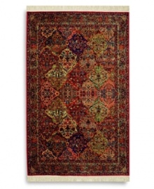 An intensely colored rug that recalls the graceful style and bold design of original Kirman rugs woven in ancient Persia. Comprised of 50 individually-dyed colors to create a stunning depth of texture and hue. A patented luster-wash imparts an elegant vintage look and feel. Woven in the USA of premium fully worsted New Zealand wool. An intensely colored rug that recalls the graceful style and bold design of original Kirman rugs woven in ancient Persia. Comprised of 50 individually-dyed colors to create a stunning depth of texture and hue. A patented luster-wash imparts an elegant vintage look and feel. Woven in the USA of premium fully worsted New Zealand wool.