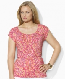 Lauren by Ralph Lauren's soft cotton plus size jersey tunic is crafted with delicate pintucked details and a chic ballet neckline. Lauren by Ralph Lauren's soft cotton plus size jersey tunic is crafted with delicate pintucked details and a chic ballet neckline.