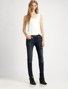 Expertly cut, lovingly faded, this stretch-denim design features skinny-leg construction and strategically placed distressing. THE FITRise, about 8Inseam, about 30THE DETAILSZip flyFive-pocket styleCotton/polyurethaneMachine washMade in USA of imported fabricModel shown is 5'11 (178cm) wearing US size 4. Expertly cut, lovingly faded, this stretch-denim design features skinny-leg construction and strategically placed distressing. THE FITRise, about 8Inseam, about 30THE DETAILSZip flyFive-pocket styleCotton/polyurethaneMachine washMade in USA of imported fabricModel shown is 5'11 (178cm) wearing US size 4.