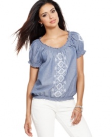 Chic chambray and crafted embroidery create a fashionable yet relaxed look on Style&co.'s peasant top. Wear it with white capris and your favorite sandals! Chic chambray and crafted embroidery create a fashionable yet relaxed look on Style&co.'s peasant top. Wear it with white capris and your favorite sandals!