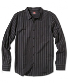 Smart tonal vertical stripe shirt by Quiksilver is handsomely conservative. Smart tonal vertical stripe shirt by Quiksilver is handsomely conservative.