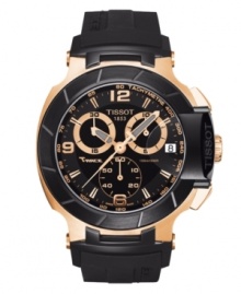 Inspired by the world of moto-racing, the T-Race watch by Tissot blends gold-winning details with speedy precision. Crafted of black rubber strap and round rose-gold PVD stainless steel case with black bezel. Black chronograph dial features rose-gold tone numerals at twelve, six and nine o'clock, applied stick indices, tachymeter scale, date window at three o'clock, rose-gold tone three hands, three subdials and logo. Swiss quartz movement. Water resistant to 100 meters. Two-year limited warranty. Inspired by the world of moto-racing, the T-Race watch by Tissot blends gold-winning details with speedy precision. Crafted of black rubber strap and round rose-gold PVD stainless steel case with black bezel. Black chronograph dial features rose-gold tone numerals at twelve, six and nine o'clock, applied stick indices, tachymeter scale, date window at three o'clock, rose-gold tone three hands, three subdials and logo. Swiss quartz movement. Water resistant to 100 meters. Two-year limited warranty.