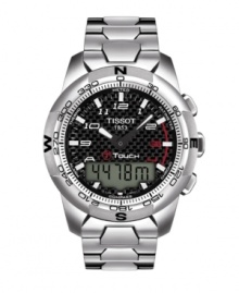 An absolutely stunning timepiece, the Tissot T-Touch II effortlessly takes you from the boardroom to the track. Watch crafted from polished titanium bracelet and case. Turning bezel with cardinal directions and numerals in black. Black carbon dial features numerals, stick indices, luminous hands, alarm, compass, thermometer, altimeter and meteorological trend indicator. Swiss movement. Water resistant to 100 meters. Two-year limited warranty. An absolutely stunning timepiece, the Tissot T-Touch II effortlessly takes you from the boardroom to the track. Watch crafted from polished titanium bracelet and case. Turning bezel with cardinal directions and numerals in black. Black carbon dial features numerals, stick indices, luminous hands, alarm, compass, thermometer, altimeter and meteorological trend indicator. Swiss movement. Water resistant to 100 meters. Two-year limited warranty.