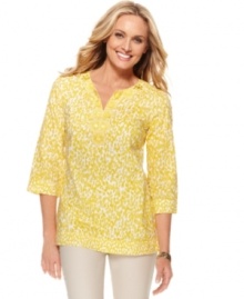 Kick up your casual wardrobe with Charter Club's tunic, featuring a punchy dotted print and sparkling bejeweled details at the neckline. Kick up your casual wardrobe with Charter Club's tunic, featuring a punchy dotted print and sparkling bejeweled details at the neckline.