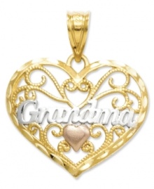 Tell her how much you care with this elegant heart charm. Inscribed with the word Grandma, this scrolling charm features a petite heart accent crafted in 14k gold, rose gold and sterling silver. Chain not included. Approximate length: 8/10 inch. Approximate width: 7/10 inch.