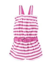 A warm-weather-ready romper is crafted from soft striped terry cloth and features a matching belt and signature pony embroidery. A warm-weather-ready romper is crafted from soft striped terry cloth and features a matching belt and signature pony embroidery.
