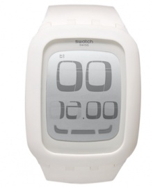 This crisp and unblemished digital watch from Swatch's Touch White collection boasts innovative touch-screen technology, making it a multi-functional accessory. This crisp and unblemished digital watch from Swatch's Touch White collection boasts innovative touch-screen technology, making it a multi-functional accessory.