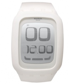 This crisp and unblemished digital watch from Swatch's Touch White collection boasts innovative touch-screen technology, making it a multi-functional accessory.