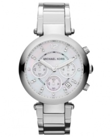 A feminine steel watch from Michael Kors' Parker collection, upgraded with sparkling accents. A feminine steel watch from Michael Kors' Parker collection, upgraded with sparkling accents.