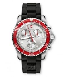 Race to the finish with this elegantly refined and multifunctional sport watch from Victorinox Swiss Army. Black rubber strap. Round stainless steel case with anti-reflective sapphire crystal and bright red unidirectional rotating bezel. Striking silvertone chronograph dial features three subdials, tachymeter scale, luminous hands, logo and numeral indices. Swiss movement. Water resistant to 100 meters. Three-year limited warranty. Race to the finish with this elegantly refined and multifunctional sport watch from Victorinox Swiss Army. Black rubber strap. Round stainless steel case with anti-reflective sapphire crystal and bright red unidirectional rotating bezel. Striking silvertone chronograph dial features three subdials, tachymeter scale, luminous hands, logo and numeral indices. Swiss movement. Water resistant to 100 meters. Three-year limited warranty.