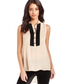 A dramatic high-low hem ups the edge on this RACHEL Rachel Roy tuxedo blouse for a modern take on a menswear look! A dramatic high-low hem ups the edge on this RACHEL Rachel Roy tuxedo blouse for a modern take on a menswear look!