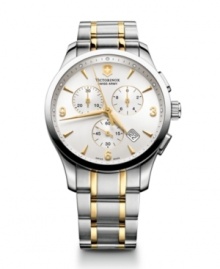 A handsome chronograph with signature Victorinox Swiss Army sophistication. Alliance collection watch crafted of two-tone stainless steel bracelet and round case with anti-reflective sapphire crystal. Silver tone chronograph dial features applied gold tone stick indices, numerals at three, six and nine o'clock, date window, three subdials, three hands and logo at twelve o'clock. Swiss quartz movement. Water resistant to 100 meters. Three-year limited warranty.