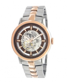 Peek behind the curtain with this exposed creation from Kenneth Cole New York. Timepiece crafted of rose-gold tone stainless steel bracelet and round ion-plated case with rose-gold tone bezel. Brown and rose-gold tone skeleton dial with transparent window that reveals automatic movement. Rose-gold tone stick indices at markers, logo and hands. Automatic movement. Water resistant to 30 meters. Limited lifetime warranty.