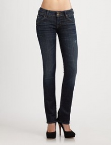 An absolute wardrobe fail-safe, bootcut construction make these dark-wash jeans a flattering choice for every season. THE FITRise, about 8Inseam, about 34THE DETAILSButton closureZip flyFive-pocket styleCotton/polyester/LycraMachine washMade in USA of imported fabricModel shown is 5'10 (177cm) wearing US size 4. An absolute wardrobe fail-safe, bootcut construction make these dark-wash jeans a flattering choice for every season. THE FITRise, about 8Inseam, about 34THE DETAILSButton closureZip flyFive-pocket styleCotton/polyester/LycraMachine washMade in USA of imported fabricModel shown is 5'10 (177cm) wearing US size 4.