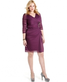 Crisp crisscrossing pleating at the bodice descends to figure-flattering ruching at the waist of this Adrianna Papell dress. Brooch-like beaded detailing lends a sparkling finish to the look. Crisp crisscrossing pleating at the bodice descends to figure-flattering ruching at the waist of this Adrianna Papell dress. Brooch-like beaded detailing lends a sparkling finish to the look.