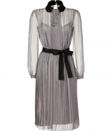 Exquisitely understated and equally glamorous, Alberta Ferrettis delicate silk chiffon dress guarantees an immaculate, elegant polish to your evening look - Black beaded rounded spread collar, tonal bead-embellished throat, lace detailed sheer bodice, long sleeves, buttoned cuffs, open back with button closures at nape and snaps at waist, black grosgrain self-tie sash, full tonal spaghetti strap slip lining - Loosely fitted top, pleated skirt - Team with delicate peep-toes and streamlined clutches Exquisitely understated and equally glamorous, Alberta Ferrettis delicate silk chiffon dress guarantees an immaculate, elegant polish to your evening look - Black beaded rounded spread collar, tonal bead-embellished throat, lace detailed sheer bodice, long sleeves, buttoned cuffs, open back with button closures at nape and snaps at waist, black grosgrain self-tie sash, full tonal spaghetti strap slip lining - Loosely fitted top, pleated skirt - Team with delicate peep-toes and streamlined clutches