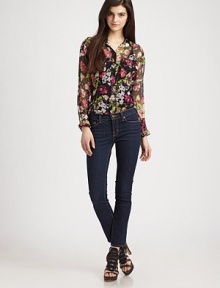 Semi-sheer silk blouse in full bloom with a vibrant floral-print, button front and hi-lo hem. Point collarButton frontLong sleeves with buttoned cuffsHi-lo hem hits below the hipsSilkDry cleanImportedModel shown is 5'10 (177cm) wearing US size Small. Semi-sheer silk blouse in full bloom with a vibrant floral-print, button front and hi-lo hem. Point collarButton frontLong sleeves with buttoned cuffsHi-lo hem hits below the hipsSilkDry cleanImportedModel shown is 5'10 (177cm) wearing US size Small.