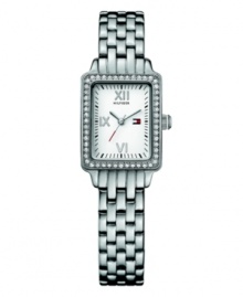 Crystal clear: this refined timepiece from Tommy Hilfiger is a real gem. Crafted of stainless steel bracelet and rectangular case. Bezel crystallized with Swarovski elements. White dial features Roman numerals at twelve, nine and six o'clock, three hands, minute track, and iconic flag logo at three o'clock. Quartz movement. Water resistant to 30 meters. Ten-year limited warranty.