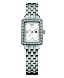 Crystal clear: this refined timepiece from Tommy Hilfiger is a real gem. Crafted of stainless steel bracelet and rectangular case. Bezel crystallized with Swarovski elements. White dial features Roman numerals at twelve, nine and six o'clock, three hands, minute track, and iconic flag logo at three o'clock. Quartz movement. Water resistant to 30 meters. Ten-year limited warranty.
