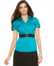 Alfani adds a belt to accentuate the feminine fit of this button-up shirt. Pair with slim-fitting black pants for a fantastic nine-to-five look. Alfani adds a belt to accentuate the feminine fit of this button-up shirt. Pair with slim-fitting black pants for a fantastic nine-to-five look.