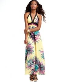 Get tropical in this halter maxi dress from Baby Phat, where a colorful, oversized print promotes beach-ready style! Get tropical in this halter maxi dress from Baby Phat, where a colorful, oversized print promotes beach-ready style!