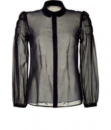 Inject coquettish cool into your day-to-night ensemble with this luxe sheer blouse from Valentino R.E.D - Small Peter Pan collar, concealed front button placket, long puff sleeves with gathering, fitted silhouette, all-over polka dot print, semi-sheer - Style with a pencil skirt, platform heels, and a clutch Inject coquettish cool into your day-to-night ensemble with this luxe sheer blouse from Valentino R.E.D - Small Peter Pan collar, concealed front button placket, long puff sleeves with gathering, fitted silhouette, all-over polka dot print, semi-sheer - Style with a pencil skirt, platform heels, and a clutch
