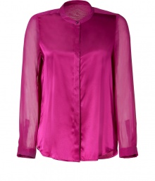 Work a romantic edge into your workweek with DKNYs ultra feminine satin and sheer silk blouse - Collarless, long sheer sleeves, buttoned cuffs, satin body - Loose fit - Tuck into tailored separates and finish with sleek leather accessories Work a romantic edge into your workweek with DKNYs ultra feminine satin and sheer silk blouse - Collarless, long sheer sleeves, buttoned cuffs, satin body - Loose fit - Tuck into tailored separates and finish with sleek leather accessories