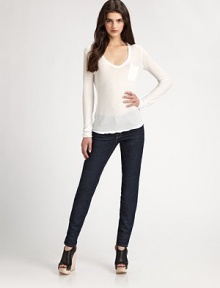 Semi-sheer, casual-cool v-neck with dropped shoulders and a single front patch pocket. V-neckDropped shouldersLong sleevesFront patch pocket60% cotton/40% polyesterMachine washMade in USA of imported fabricModel shown is 5'9½ (176cm) wearing US size 4. Semi-sheer, casual-cool v-neck with dropped shoulders and a single front patch pocket. V-neckDropped shouldersLong sleevesFront patch pocket60% cotton/40% polyesterMachine washMade in USA of imported fabricModel shown is 5'9½ (176cm) wearing US size 4.