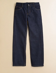 Stylish dark-wash jeans are updated with standout pocket stitching in a classic silhouette.Button closureWaistband with belt loopsZip flyFive-pocket styleCottonMachine washImported Stylish dark-wash jeans are updated with standout pocket stitching in a classic silhouette.Button closureWaistband with belt loopsZip flyFive-pocket styleCottonMachine washImported