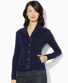 Lauren Ralph Lauren's soft combed petite cotton cardigan is finished with twill trim at the placket and an anchor patch at the shoulder for nautical style.