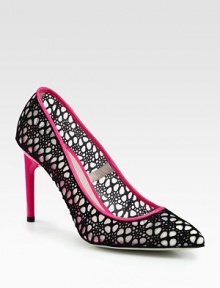A dramatic lace overlay transforms this mesh pump with smooth patent leather trim. Lacquered heel, 3½ (90mm)Mesh upper with lace overlay and patent leather trimPoint toeLeather lining and solePadded insoleMade in Italy A dramatic lace overlay transforms this mesh pump with smooth patent leather trim. Lacquered heel, 3½ (90mm)Mesh upper with lace overlay and patent leather trimPoint toeLeather lining and solePadded insoleMade in Italy