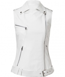 Work a sartorial edge into your fashion-forward luxe looks with Jitrois pristine white leather biker vest, an exquisitely modern take on this iconic style - Notched collar, snapped epaulettes, off-center front zip, zippered pockets, belted waistline, zippered back detail - Form-fitting - Wear over a silk top with a pencil skirt and sky-high booties