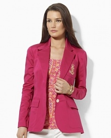 Lauren Ralph Lauren tailored the Georgina jacket in sleek stretch cotton twill with a signature embroidered crest for a preppy look. Lauren Ralph Lauren tailored the Georgina jacket in sleek stretch cotton twill with a signature embroidered crest for a preppy look.