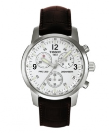 Handsome styling and chronograph function make Tissot's PRC 200 a dress watch built for performance. Brown leather croc-embossed strap and round stainless steel case. White chronograph dial features tachymeter scale at outer rim, numerals at twelve, three and nine o'clock, date window at four o'clock, luminous stick indices and hands, three subdials and logo. Swiss movement. Water resistant to 200 meters. Two-year limited warranty. Handsome styling and chronograph function make Tissot's PRC 200 a dress watch built for performance. Brown leather croc-embossed strap and round stainless steel case. White chronograph dial features tachymeter scale at outer rim, numerals at twelve, three and nine o'clock, date window at four o'clock, luminous stick indices and hands, three subdials and logo. Swiss movement. Water resistant to 200 meters. Two-year limited warranty.