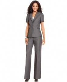 A classic pinstriped pant suit gets revamped for the season. Tahari by ASL's petite version is ready for warm-weather workdays with a short-sleeve silhouette and sharp look. A classic pinstriped pant suit gets revamped for the season. Tahari by ASL's petite version is ready for warm-weather workdays with a short-sleeve silhouette and sharp look.
