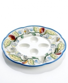 Old world country style and modern craftsmanship combine to bring you the Ricamo® egg tray. Carefully crafted in earthenware, this colorful piece is sure to lend a burst of extra life to your home. By Fitz and Floyd.